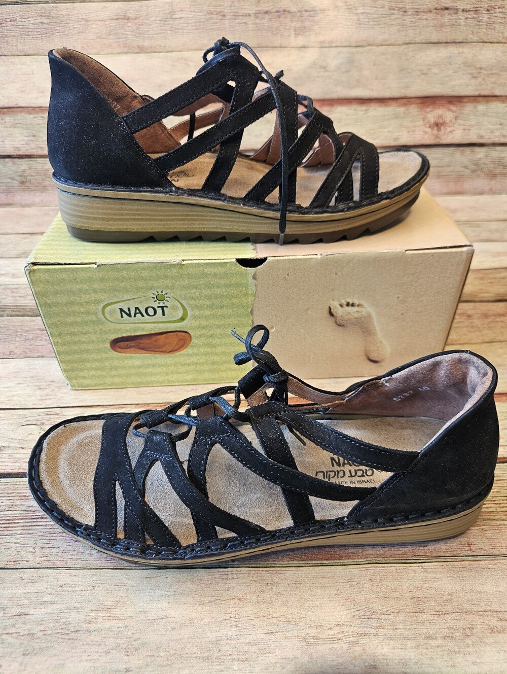Naot Yarrow black velvet nubuck lace-up wedge sandals. Size 40
